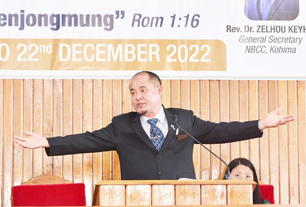 Rev Prof Dr Mar Pongener, Executive Secretary, ABAM delivering a sermon at the second day of the Molungkimong Sesquicentenary celebrations.